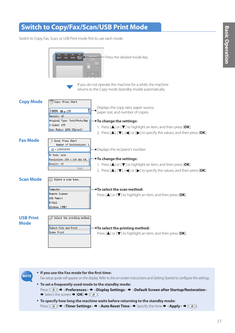 Switch to copy/fax/scan/usb print mode, Ba sic o pe ra tio n | Canon Color imageCLASS MF8580Cdw User Manual | Page 15 / 120