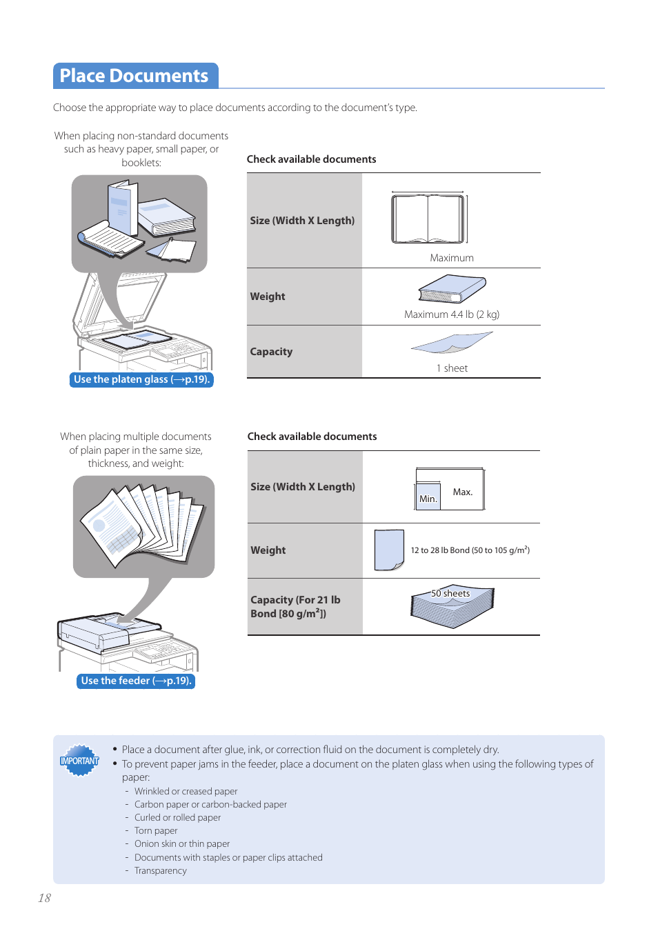 Place documents, Place documents …………………………………………………… 18 | Canon Color imageCLASS MF8580Cdw User Manual | Page 18 / 120
