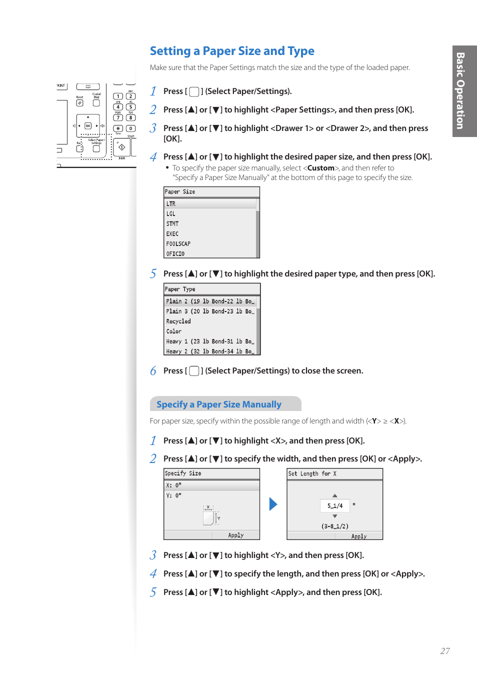 Setting a paper size and type, Setting a paper size and type ……………………………………… 27 | Canon Color imageCLASS MF8580Cdw User Manual | Page 27 / 120