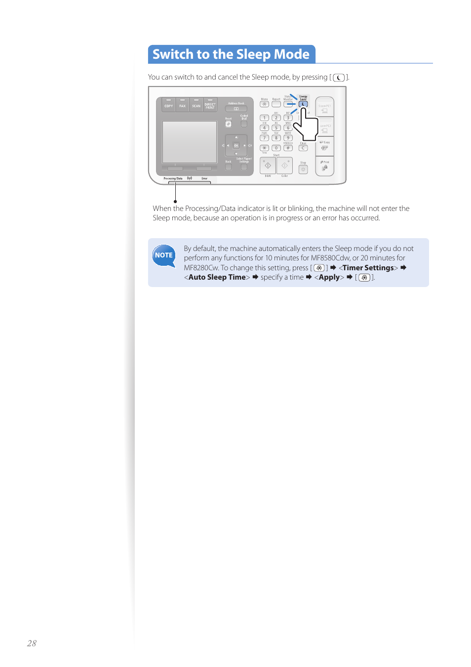 Switch to the sleep mode, Switch to the sleep mode …………………………………………… 28 | Canon Color imageCLASS MF8580Cdw User Manual | Page 28 / 120