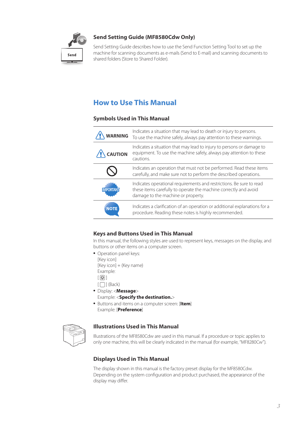 How to use this manual | Canon Color imageCLASS MF8580Cdw User Manual | Page 3 / 120