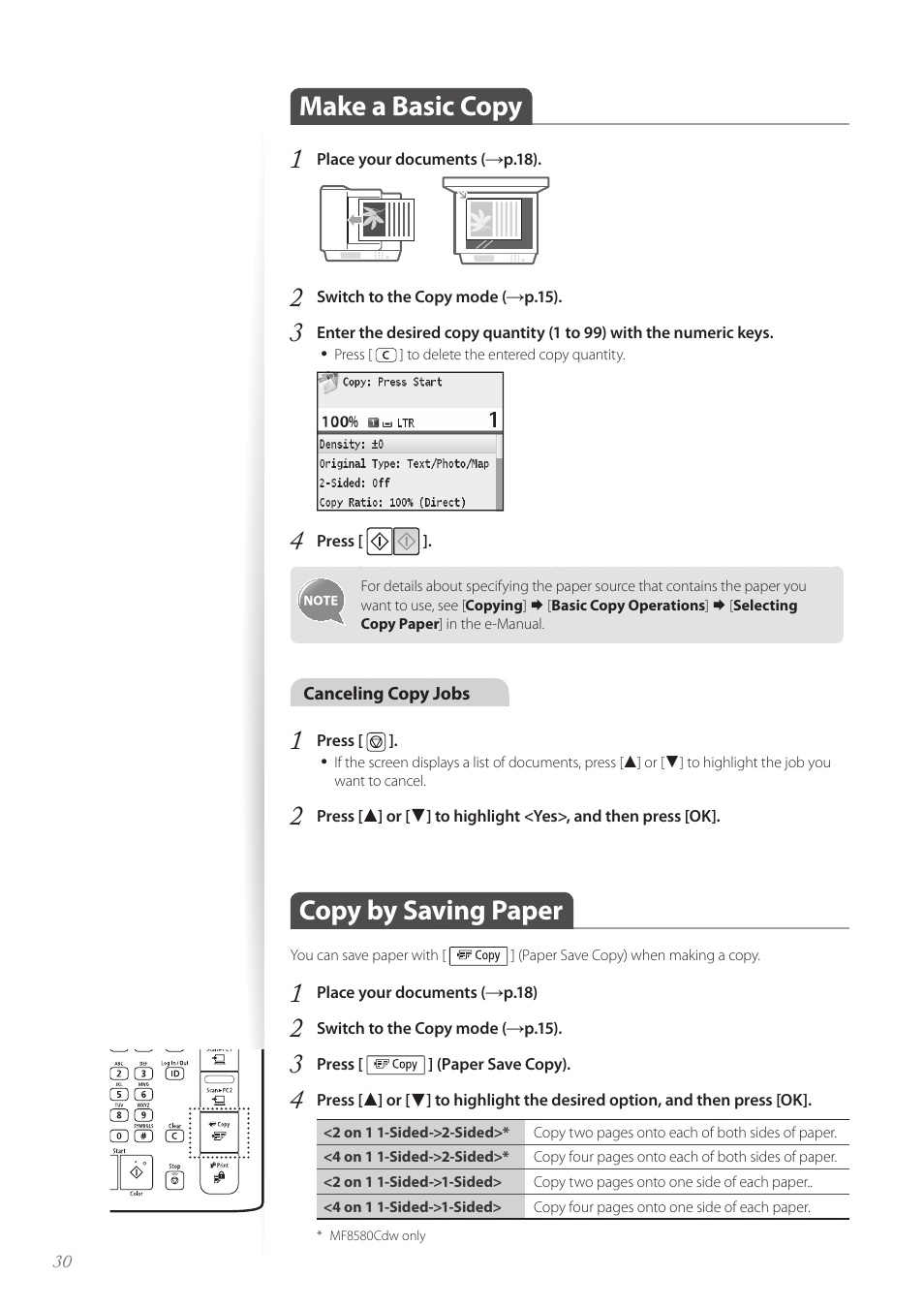 Make a basic copy, Copy by saving paper, Make a basic copy 1 | Canon Color imageCLASS MF8580Cdw User Manual | Page 30 / 120