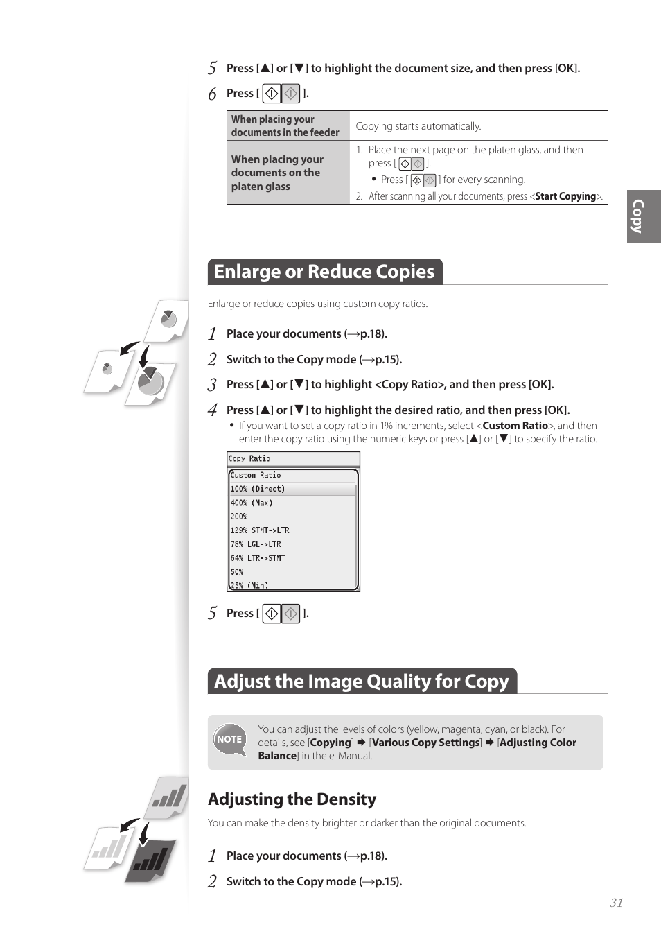 Enlarge or reduce copies, Adjust the image quality for copy, Adjusting the density | Adjusting the density ……………………………………………… 31 | Canon Color imageCLASS MF8580Cdw User Manual | Page 31 / 120