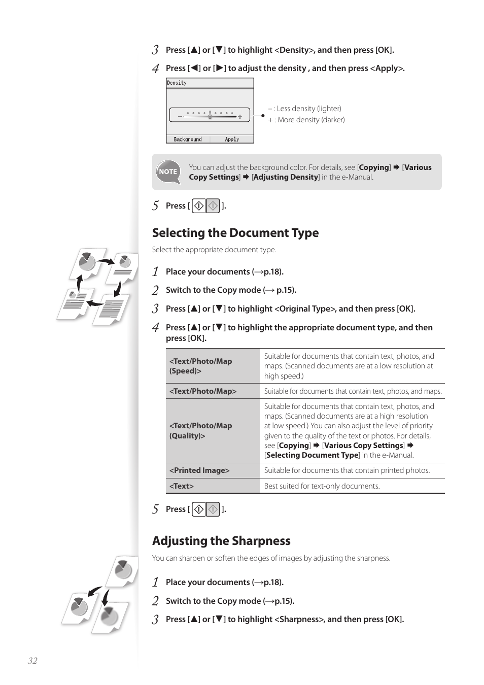 Selecting the document type, Adjusting the sharpness, Selecting the document type ……………………………………… 32 | Adjusting the sharpness …………………………………………… 32 | Canon Color imageCLASS MF8580Cdw User Manual | Page 32 / 120