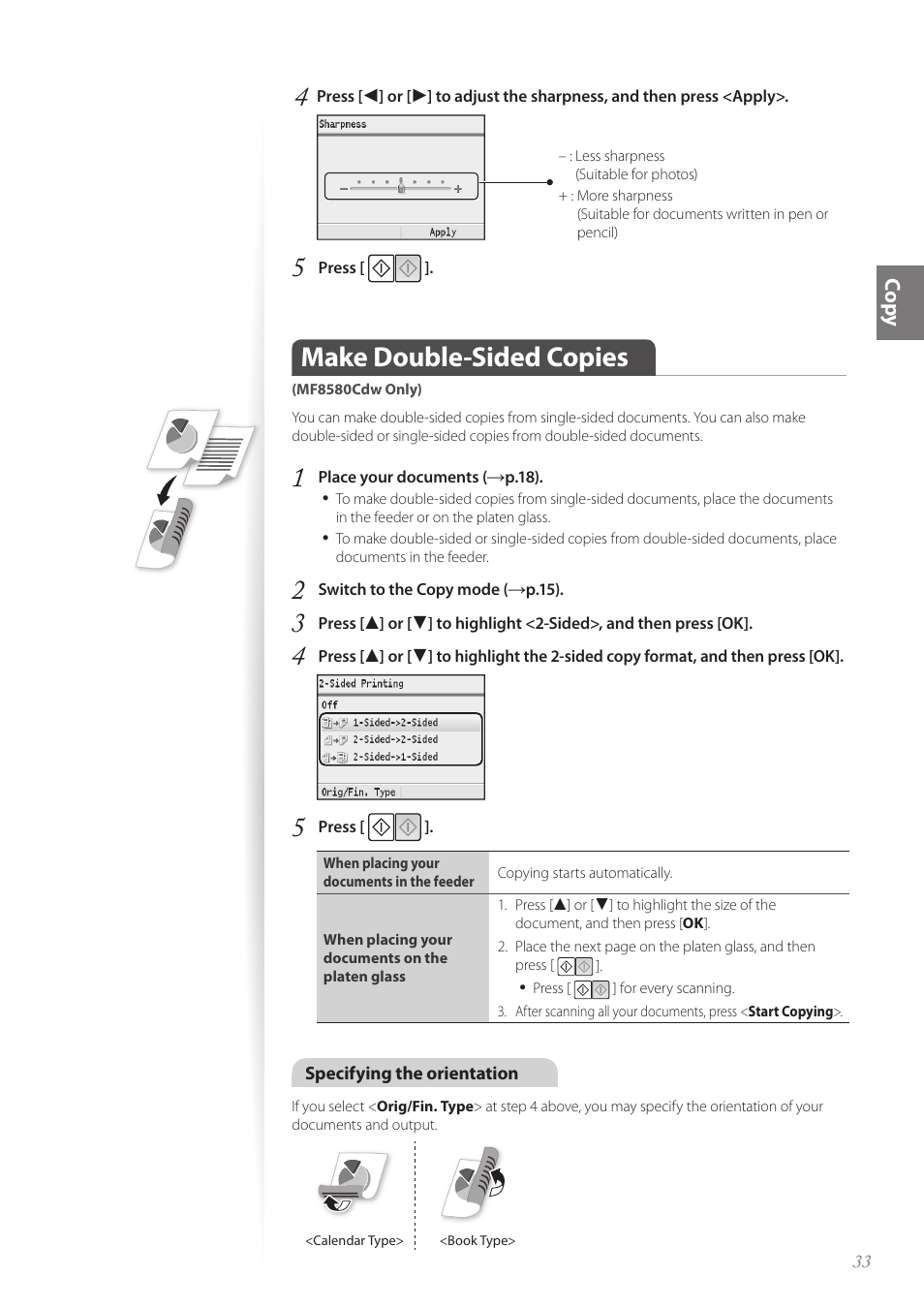Make double-sided copies (mf8580cdw only), Make double-sided copies, Co py | Canon Color imageCLASS MF8580Cdw User Manual | Page 33 / 120