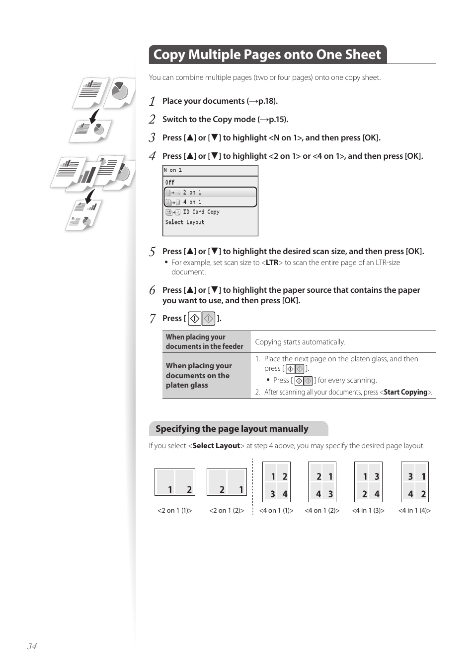 Copy multiple pages onto one sheet | Canon Color imageCLASS MF8580Cdw User Manual | Page 34 / 120