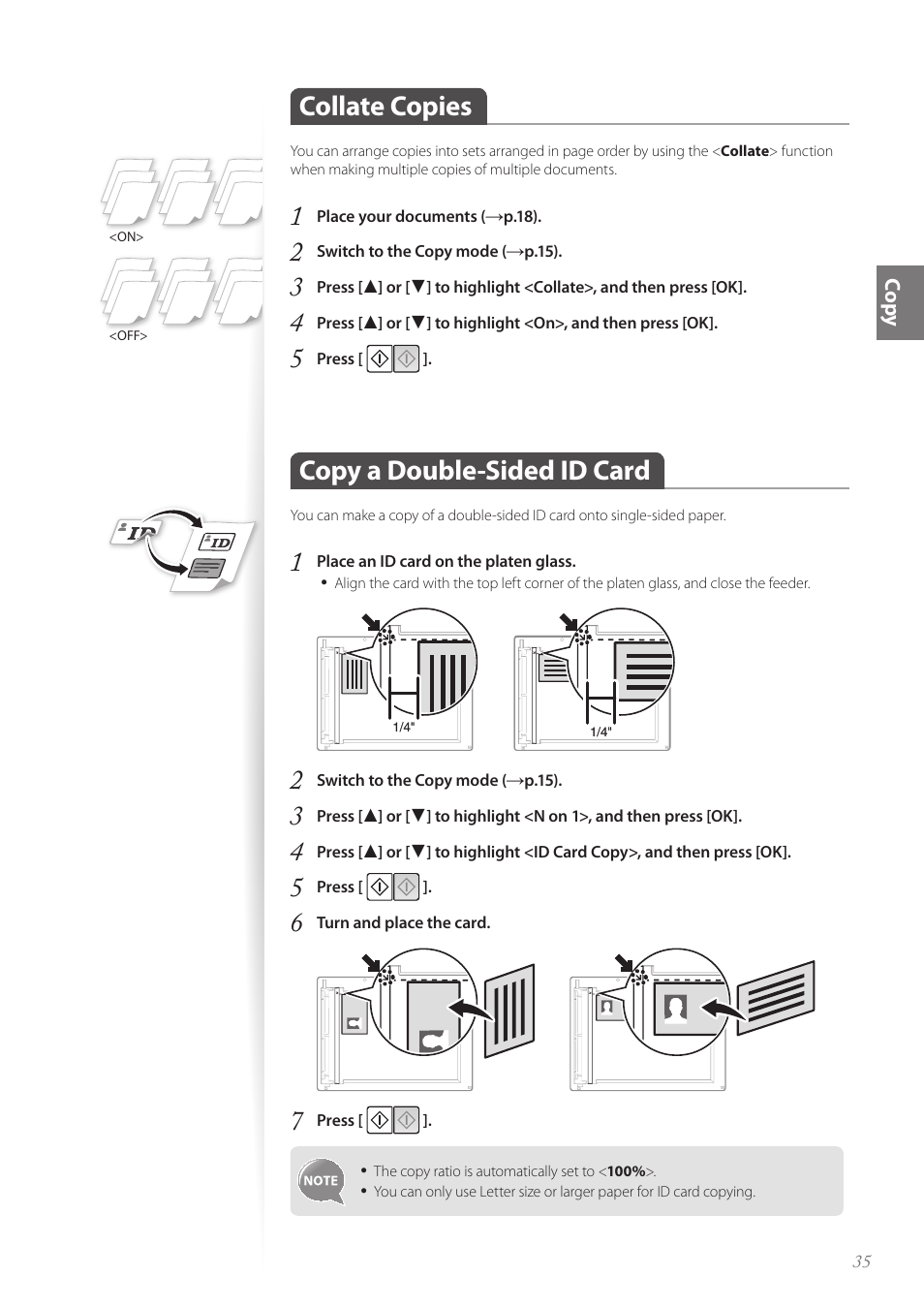 Collate copies, Copy a double-sided id card, Co py | Canon Color imageCLASS MF8580Cdw User Manual | Page 35 / 120