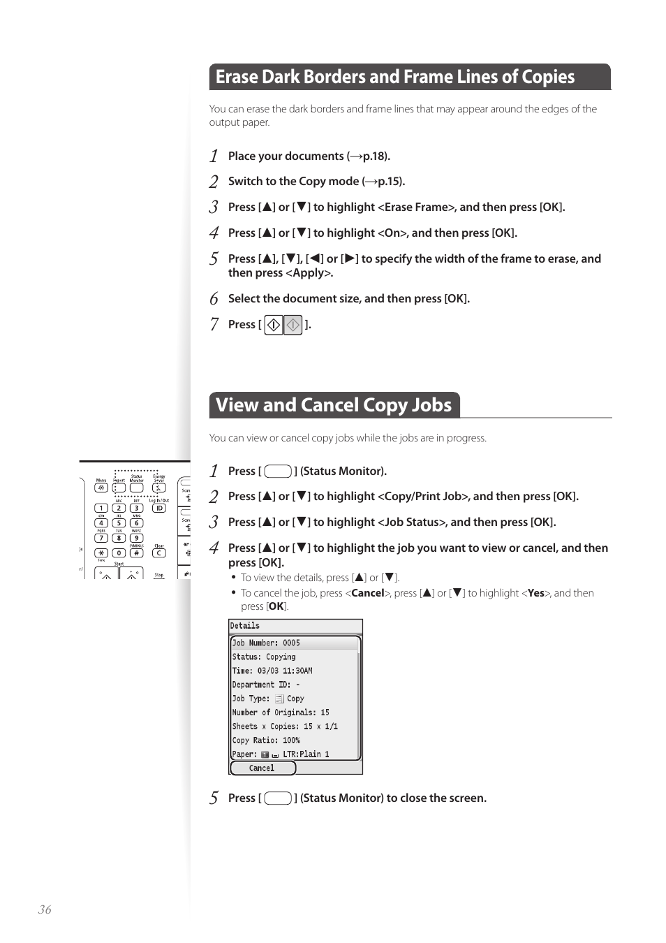 Erase dark borders and frame lines of copies, View and cancel copy jobs | Canon Color imageCLASS MF8580Cdw User Manual | Page 36 / 120