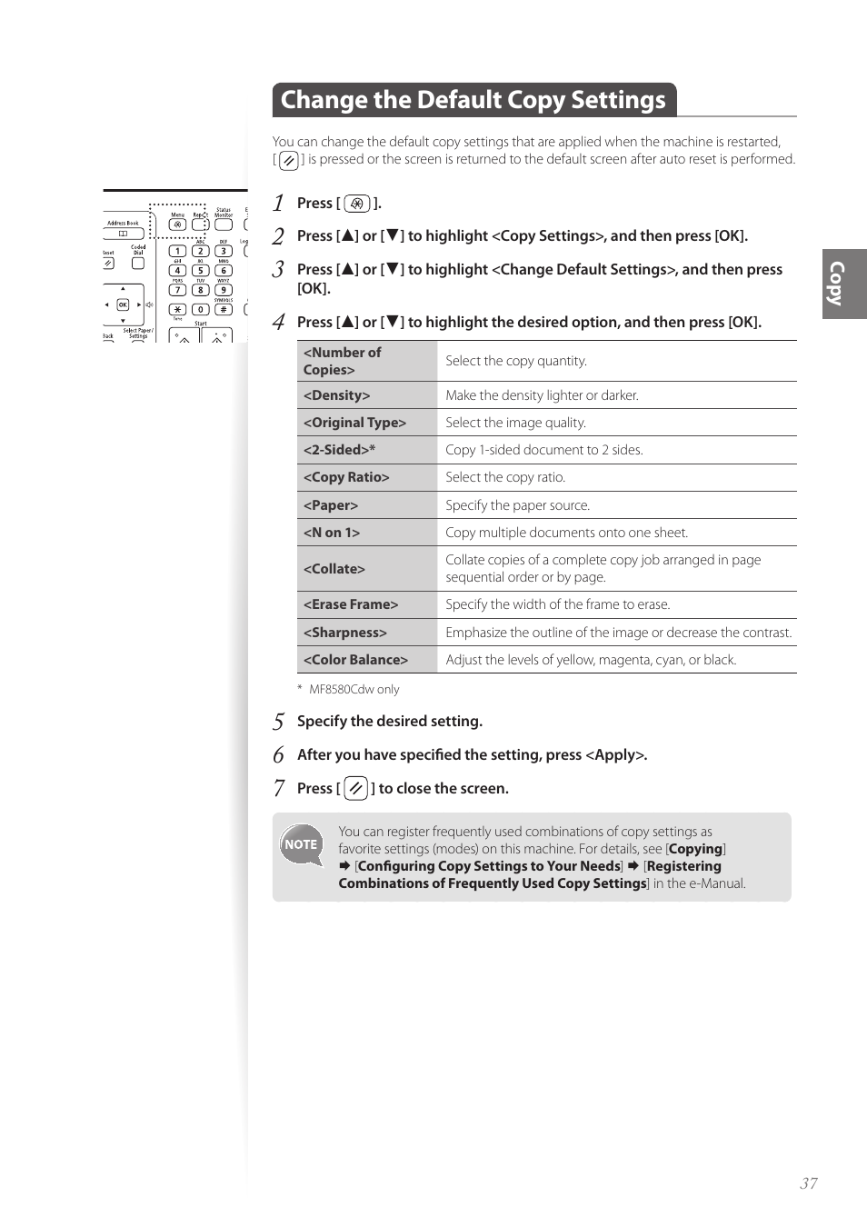 Change the default copy settings, Change the default copy settings …………………………………… 37, Co py | Canon Color imageCLASS MF8580Cdw User Manual | Page 37 / 120