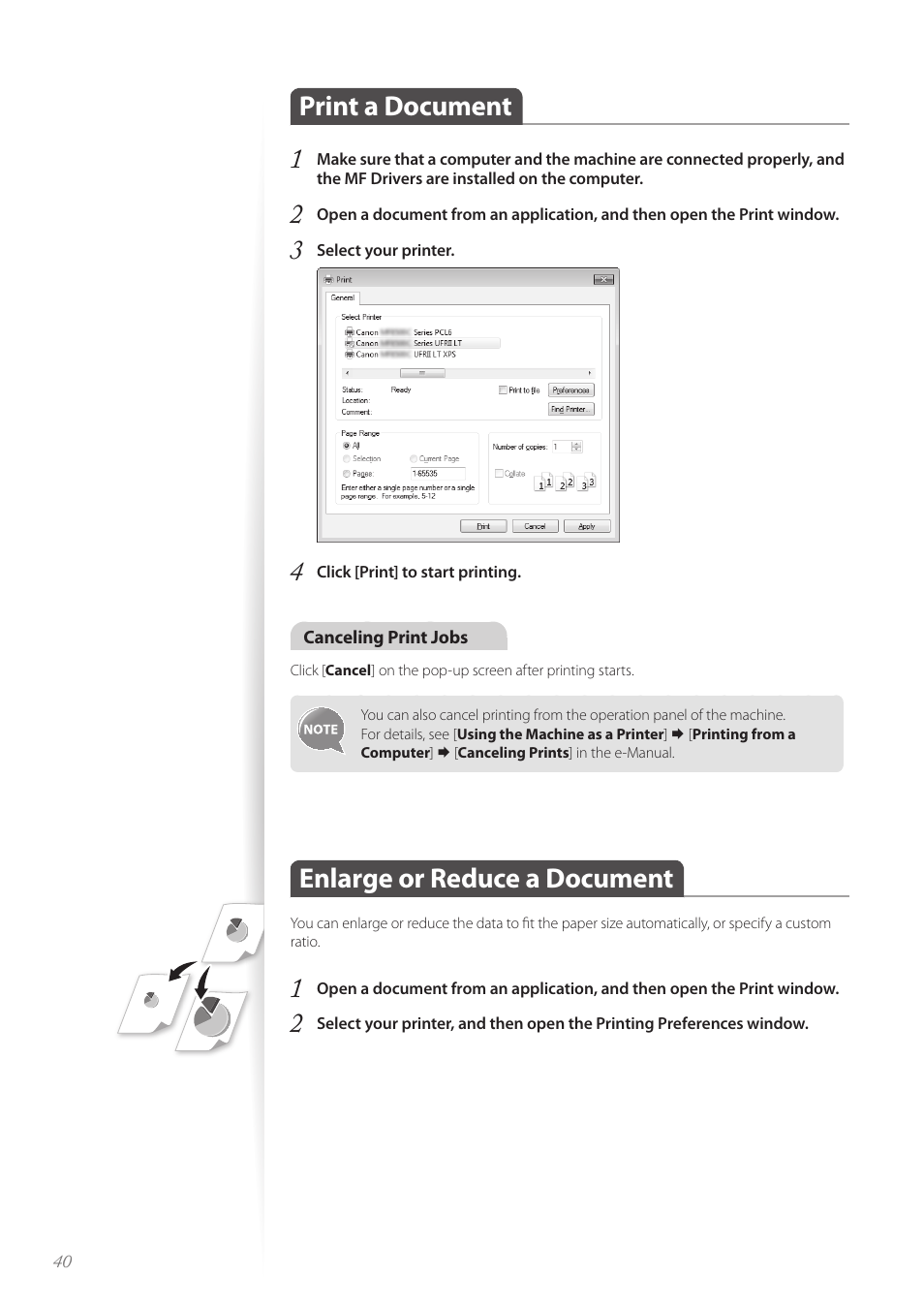 Print a document, Enlarge or reduce a document, Print a document 1 | Canon Color imageCLASS MF8580Cdw User Manual | Page 40 / 120