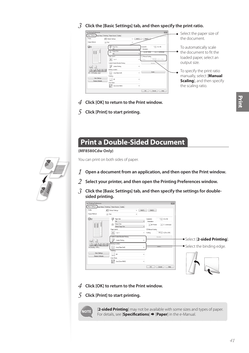 Print a double-sided document (mf8580cdw only), Print a double-sided document | Canon Color imageCLASS MF8580Cdw User Manual | Page 41 / 120