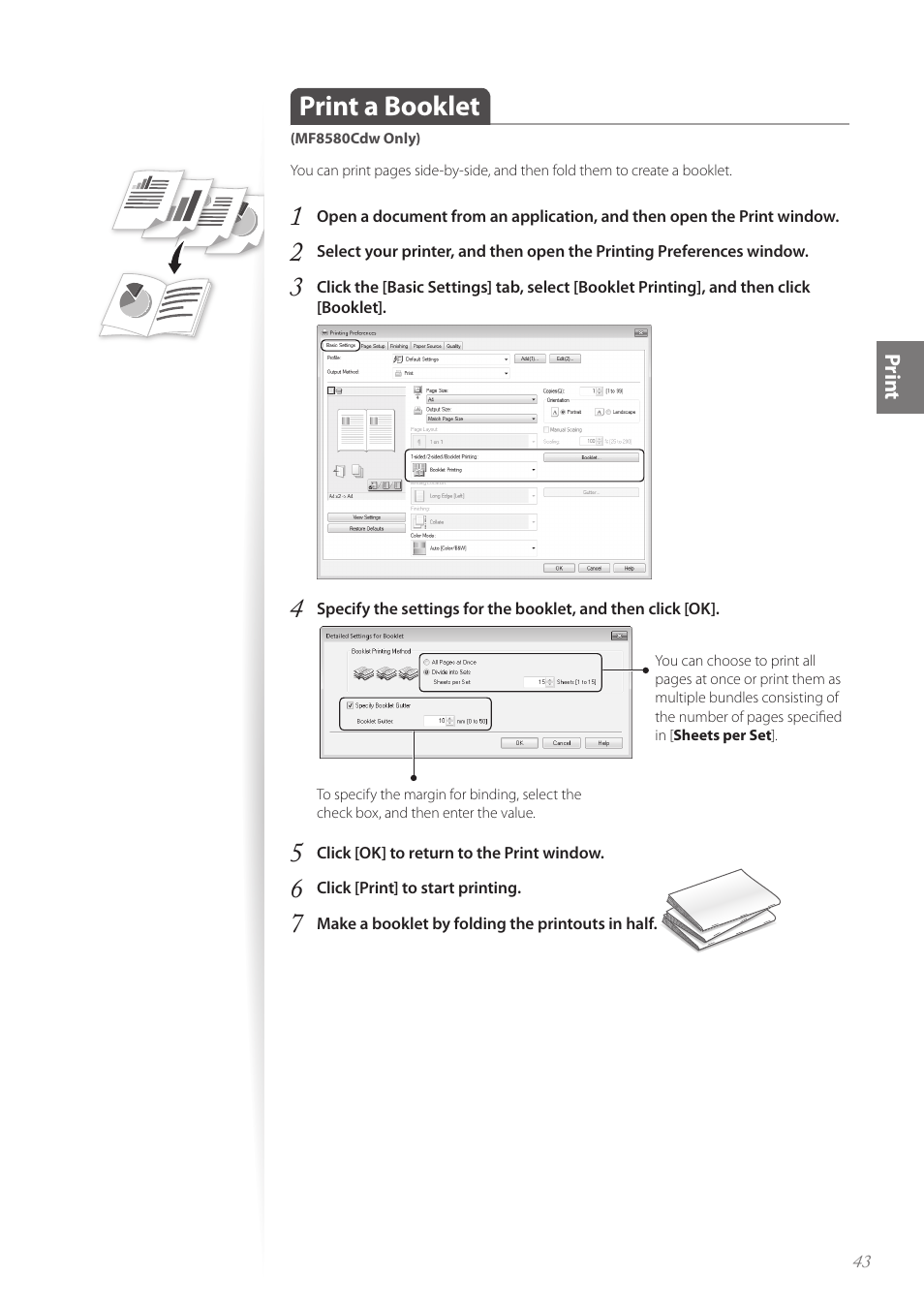 Print a booklet (mf8580cdw only), Print a booklet (mf8580cdw only) …………………………………… 43, Print a booklet | Canon Color imageCLASS MF8580Cdw User Manual | Page 43 / 120