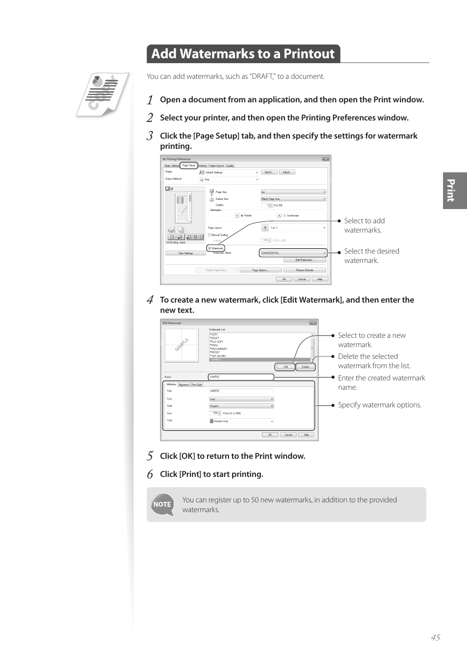 Add watermarks to a printout, Add watermarks to a printout ……………………………………… 45 | Canon Color imageCLASS MF8580Cdw User Manual | Page 45 / 120