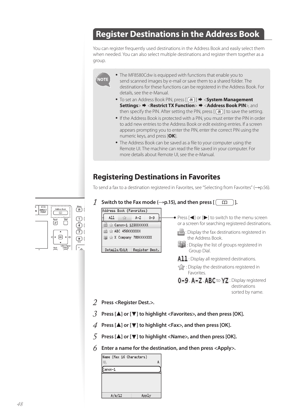 Register destinations in the address book, Registering destinations in favorites | Canon Color imageCLASS MF8580Cdw User Manual | Page 48 / 120