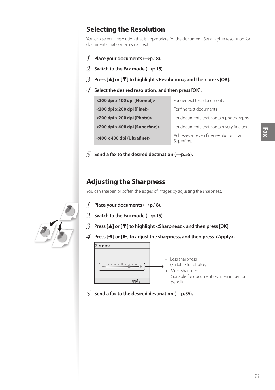 Selecting the resolution, Adjusting the sharpness, Selecting the resolution …………………………………………… 53 | Adjusting the sharpness …………………………………………… 53 | Canon Color imageCLASS MF8580Cdw User Manual | Page 53 / 120