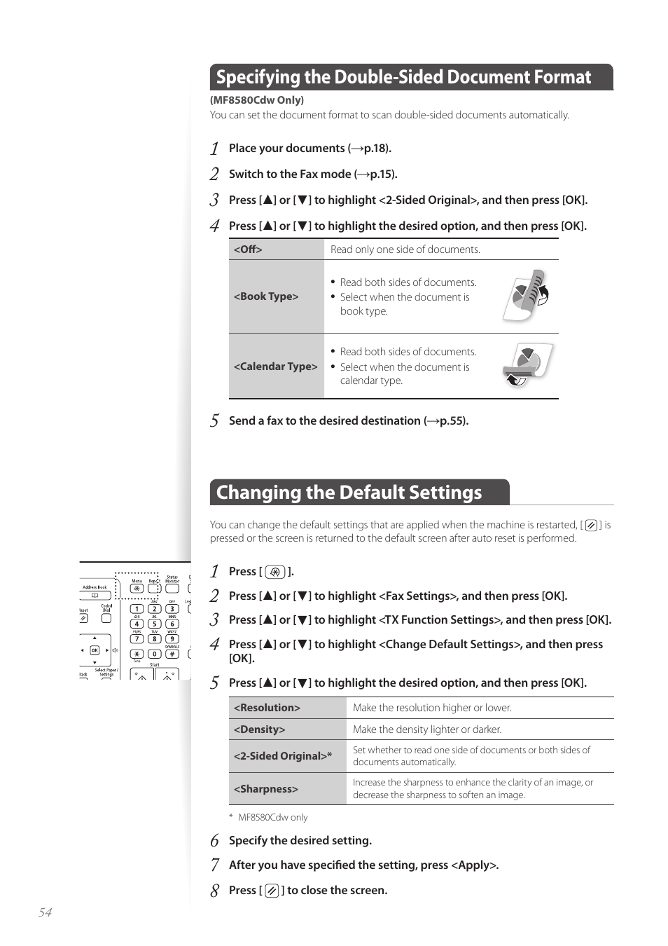 Changing the default settings, Specifying the double-sided document format | Canon Color imageCLASS MF8580Cdw User Manual | Page 54 / 120