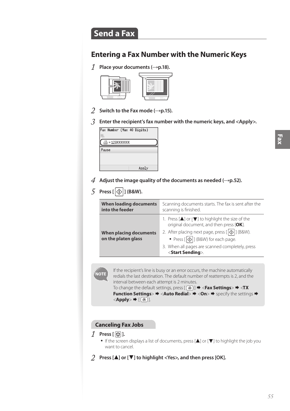 Send a fax, Entering a fax number with the numeric keys, Send a fax …………………………………………………………… 55 | Canon Color imageCLASS MF8580Cdw User Manual | Page 55 / 120