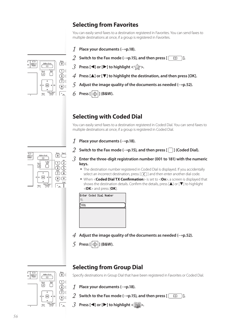 Selecting from favorites, Selecting with coded dial, Selecting from group dial | Selecting from favorites …………………………………………… 56, Selecting with coded dial …………………………………………… 56, Selecting from group dial …………………………………………… 56 | Canon Color imageCLASS MF8580Cdw User Manual | Page 56 / 120