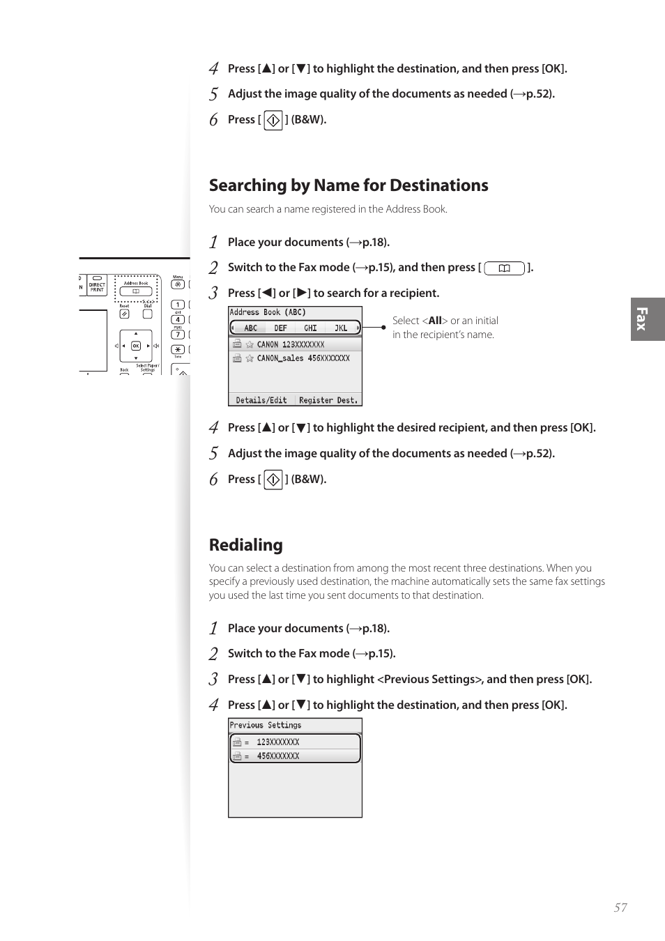 Searching by name for destinations, Redialing, Redialing …………………………………………………………… 57 | Canon Color imageCLASS MF8580Cdw User Manual | Page 57 / 120