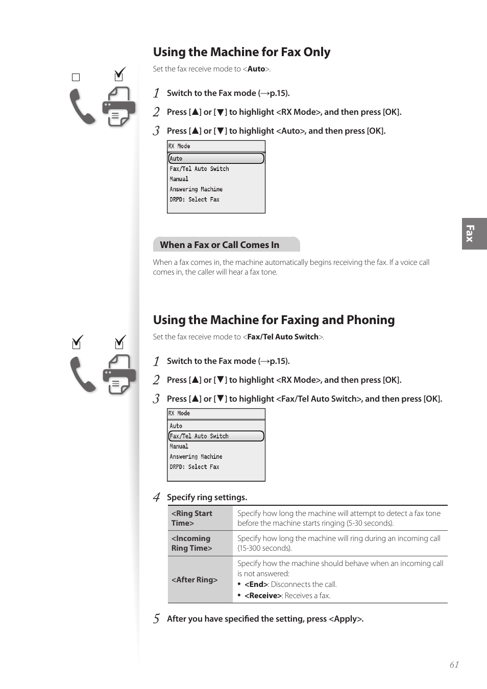 Using the machine for fax only, Using the machine for faxing and phoning, Using the machine for fax only ……………………………………… 61 | Canon Color imageCLASS MF8580Cdw User Manual | Page 61 / 120