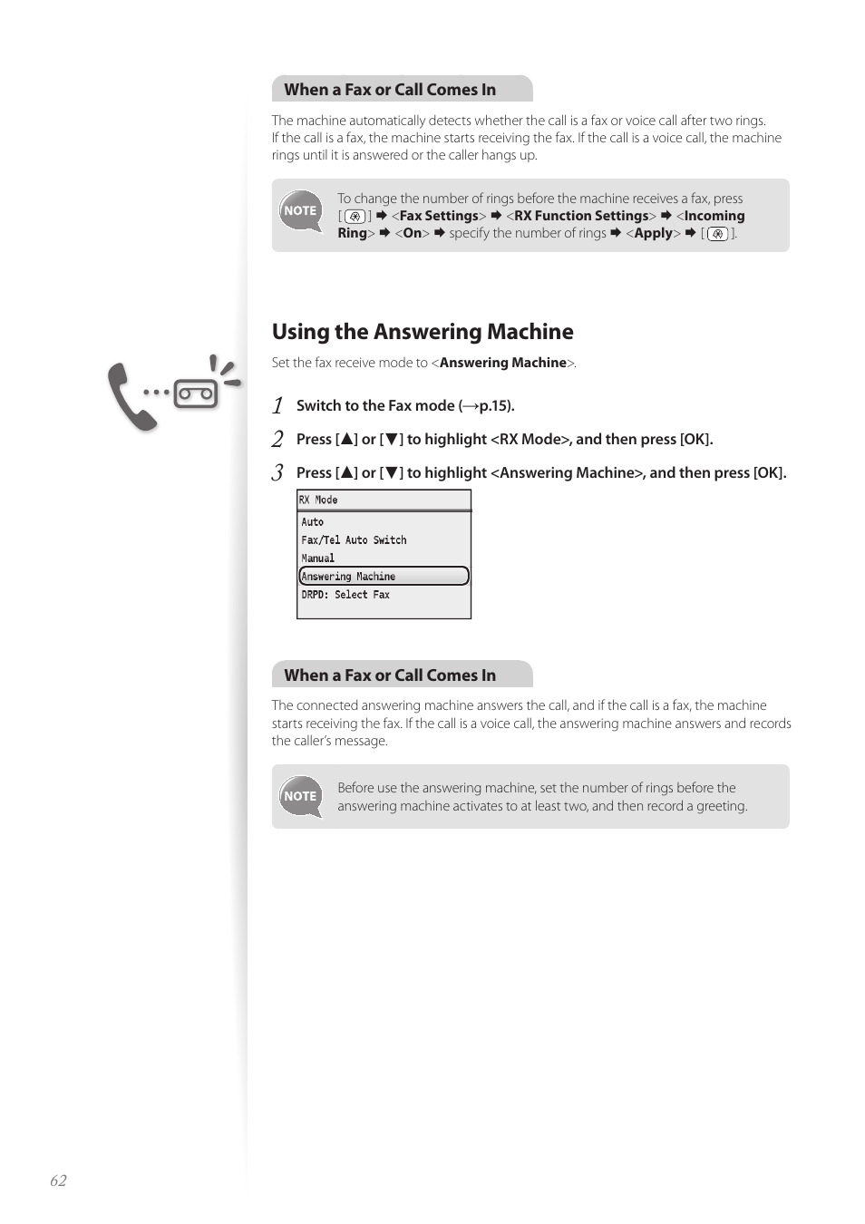 Using the answering machine, Using the answering machine ……………………………………… 62 | Canon Color imageCLASS MF8580Cdw User Manual | Page 62 / 120