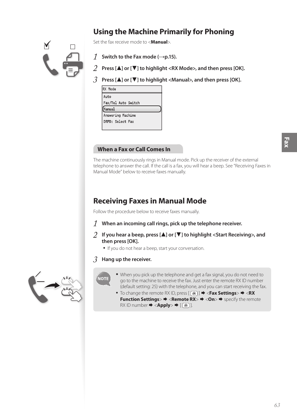 Using the machine primarily for phoning, Receiving faxes in manual mode, Receiving faxes in manual mode …………………………………… 63 | Canon Color imageCLASS MF8580Cdw User Manual | Page 63 / 120