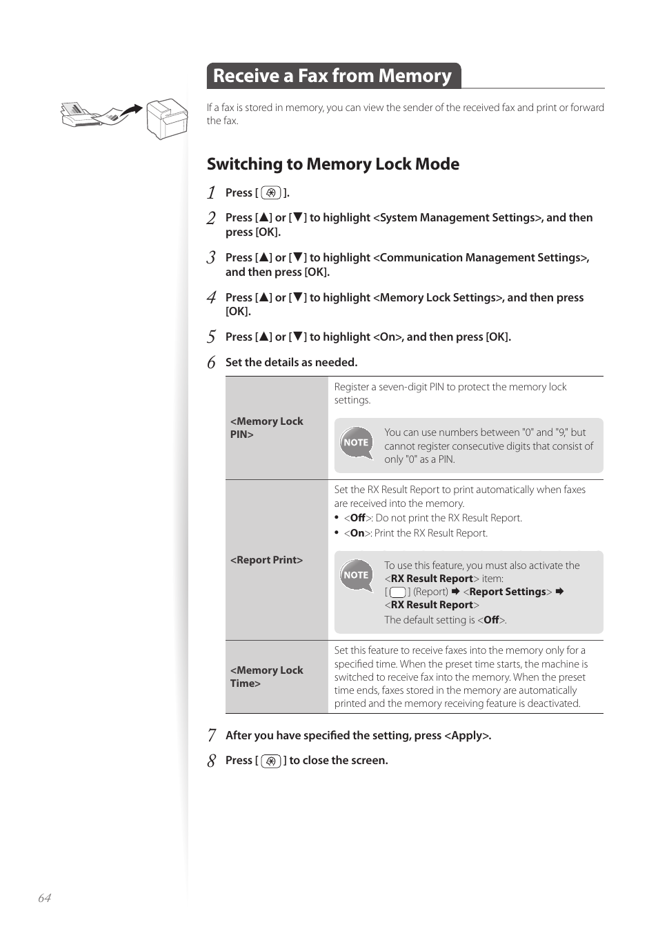 Receive a fax from memory, Switching to memory lock mode, Receive a fax from memory ………………………………………… 64 | Switching to memory lock mode …………………………………… 64 | Canon Color imageCLASS MF8580Cdw User Manual | Page 64 / 120