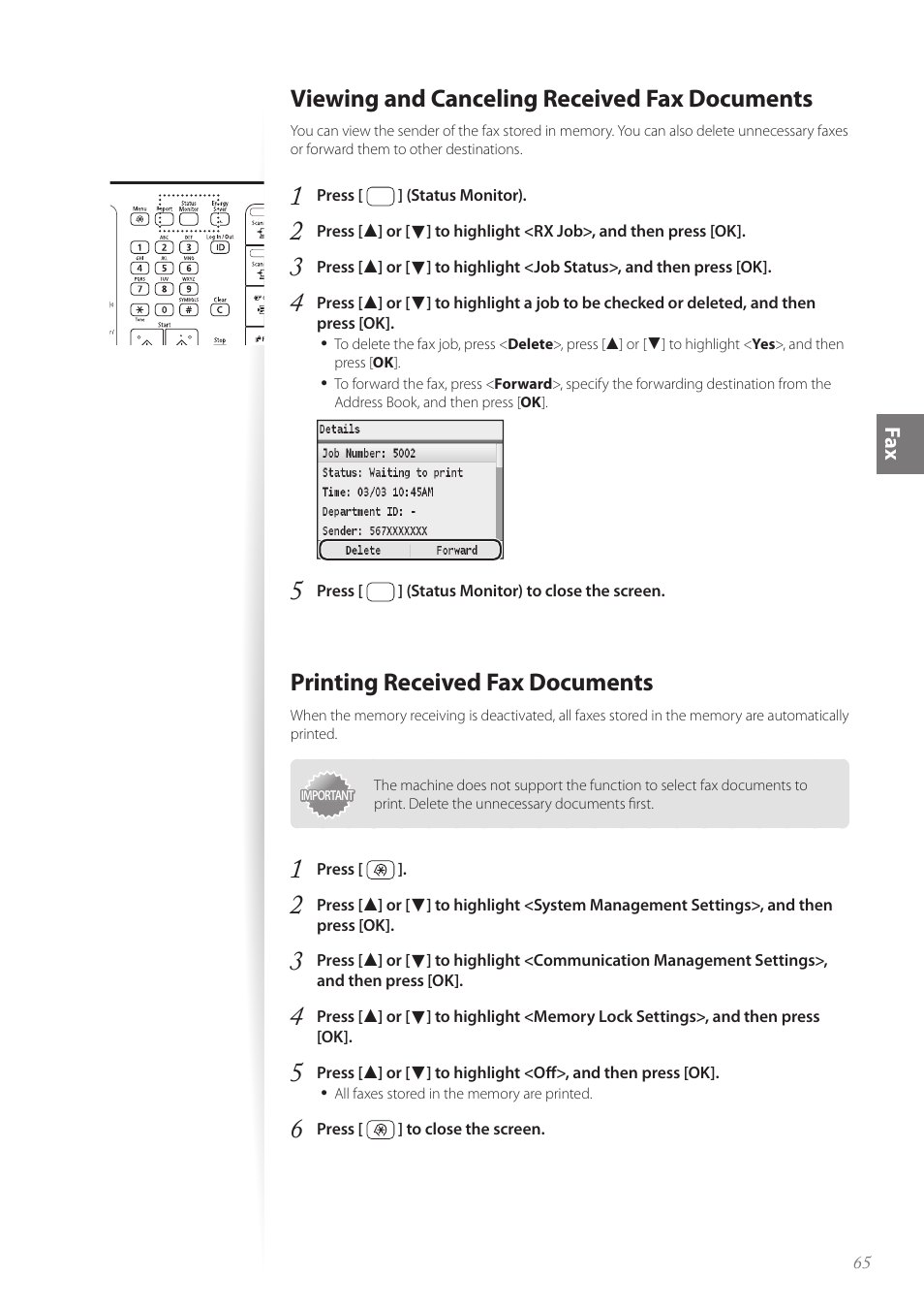 Viewing and canceling received fax documents, Printing received fax documents, Printing received fax documents …………………………………… 65 | Canon Color imageCLASS MF8580Cdw User Manual | Page 65 / 120