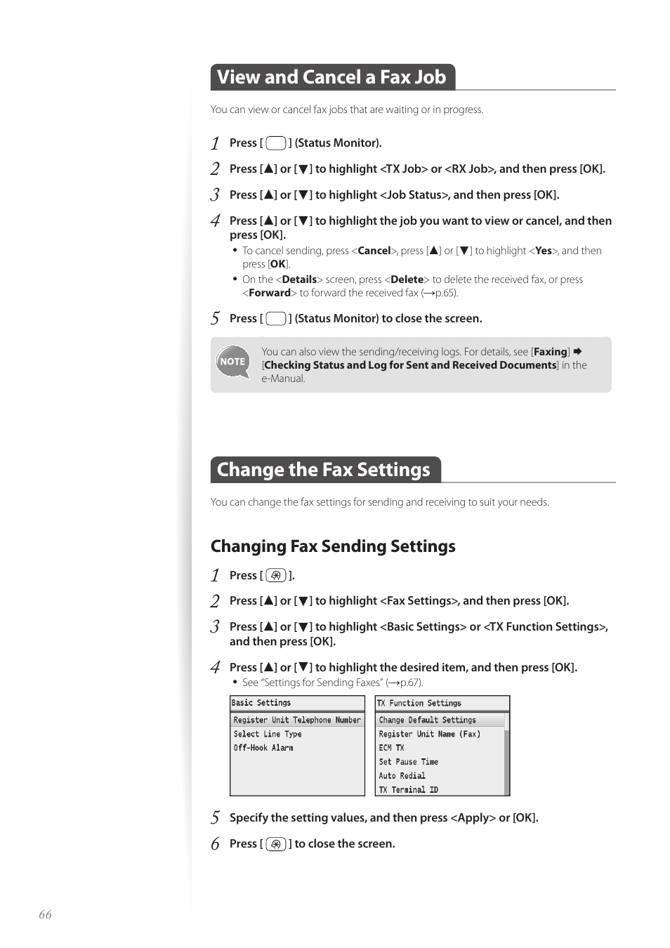 View and cancel a fax job, Change the fax settings, Changing fax sending settings | Changing fax sending settings ……………………………………… 66 | Canon Color imageCLASS MF8580Cdw User Manual | Page 66 / 120