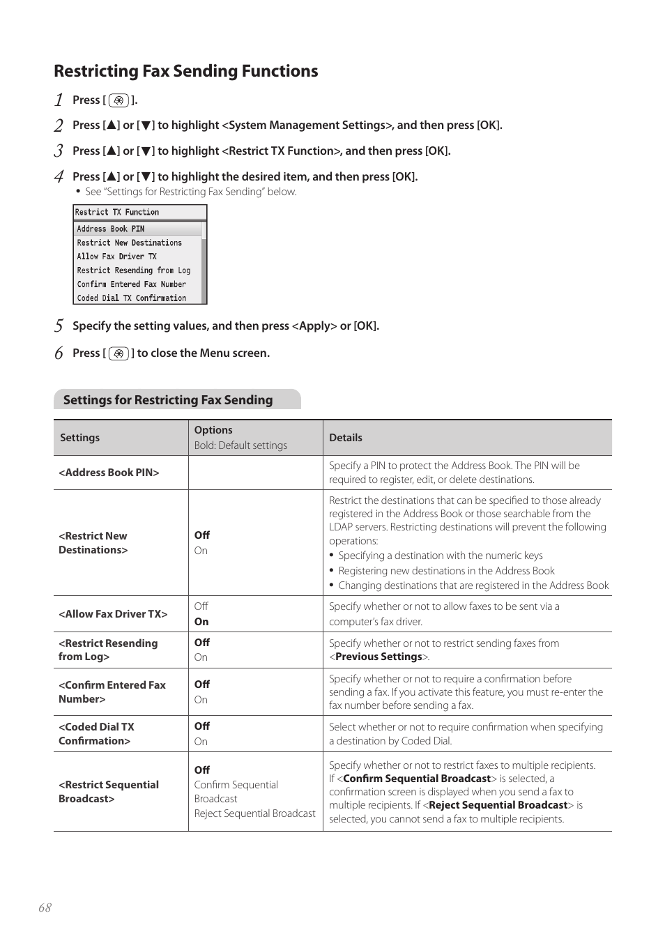 Restricting fax sending functions | Canon Color imageCLASS MF8580Cdw User Manual | Page 68 / 120