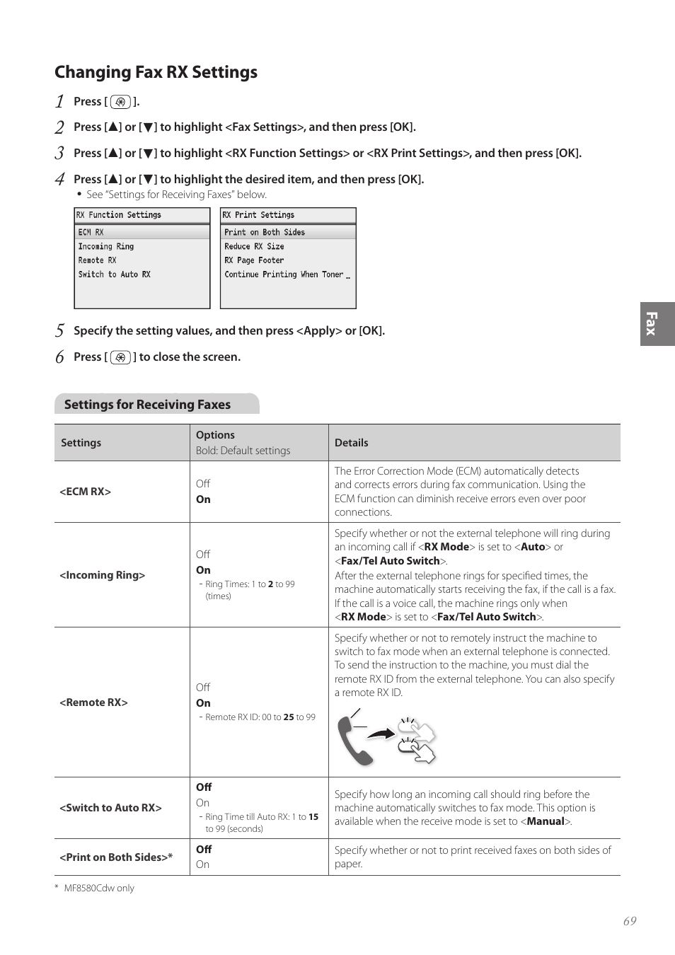 Changing fax rx settings, Changing fax rx settings …………………………………………… 69 | Canon Color imageCLASS MF8580Cdw User Manual | Page 69 / 120