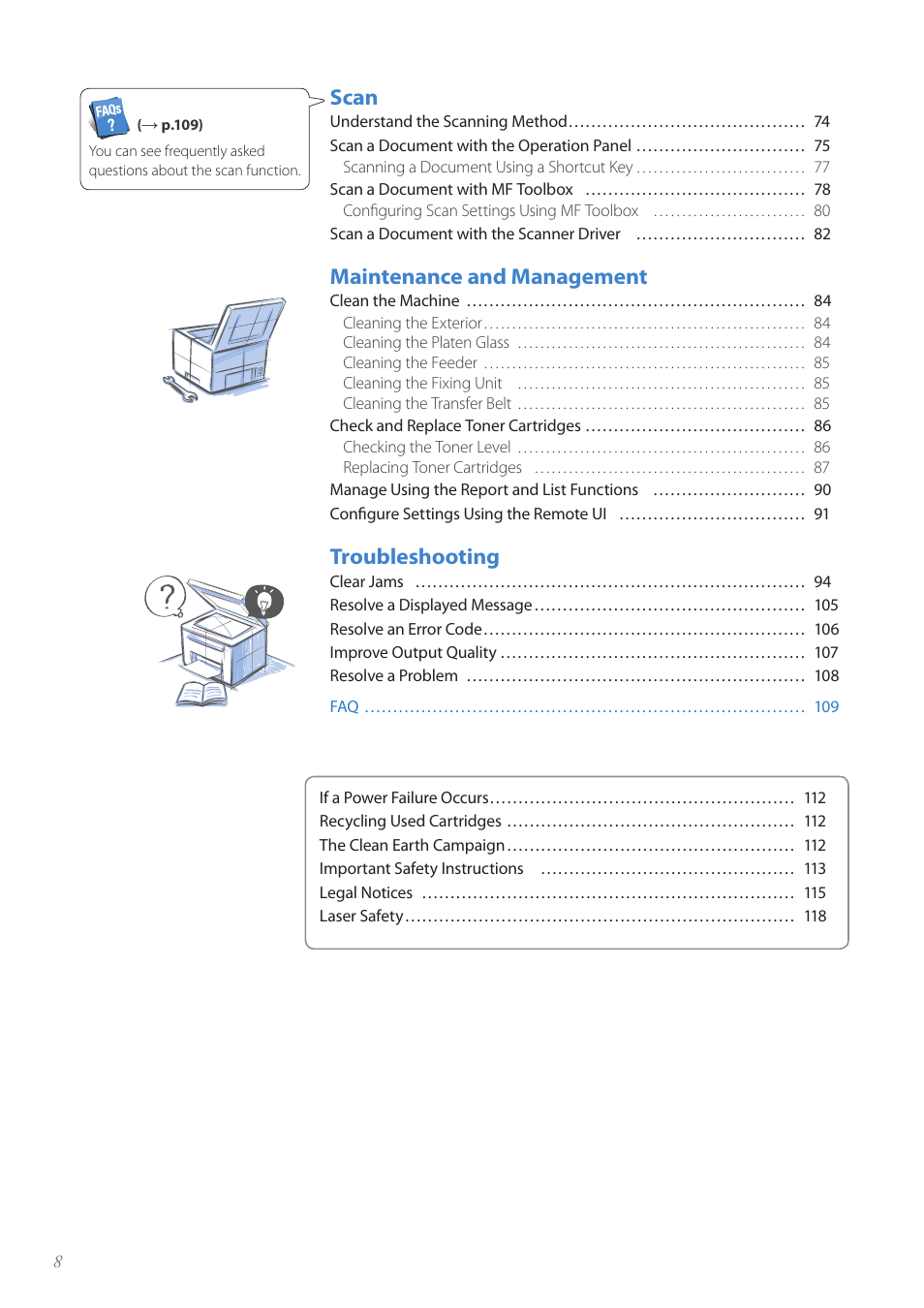 Scan, Maintenance and management, Troubleshooting | Canon Color imageCLASS MF8580Cdw User Manual | Page 8 / 120