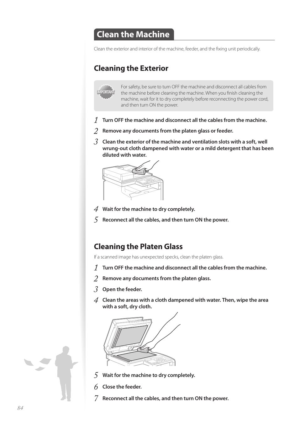 Clean the machine, Cleaning the exterior, Cleaning the platen glass | Clean the machine …………………………………………………… 84, Cleaning the exterior ………………………………………………… 84, Cleaning the platen glass …………………………………………… 84 | Canon Color imageCLASS MF8580Cdw User Manual | Page 84 / 120