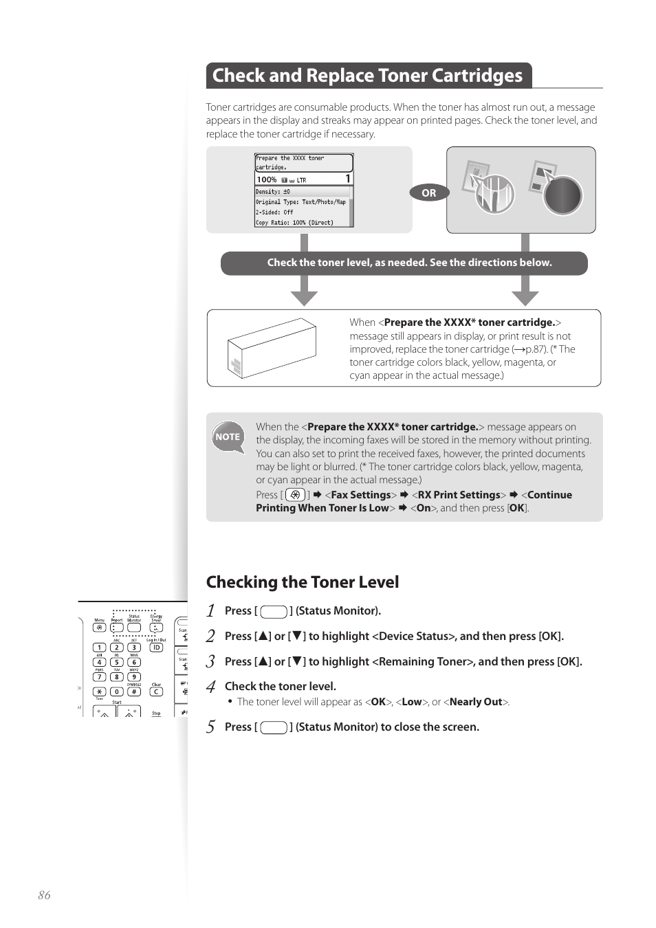 Check and replace toner cartridges, Checking the toner level, Checking the toner level …………………………………………… 86 | Canon Color imageCLASS MF8580Cdw User Manual | Page 86 / 120
