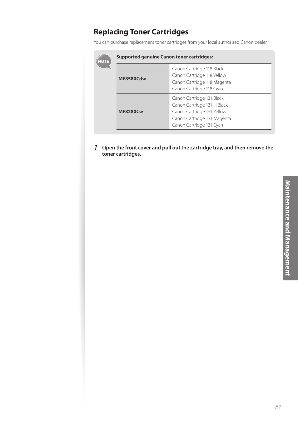 Replacing toner cartridges, Replacing toner cartridges ………………………………………… 87 | Canon Color imageCLASS MF8580Cdw User Manual | Page 87 / 120