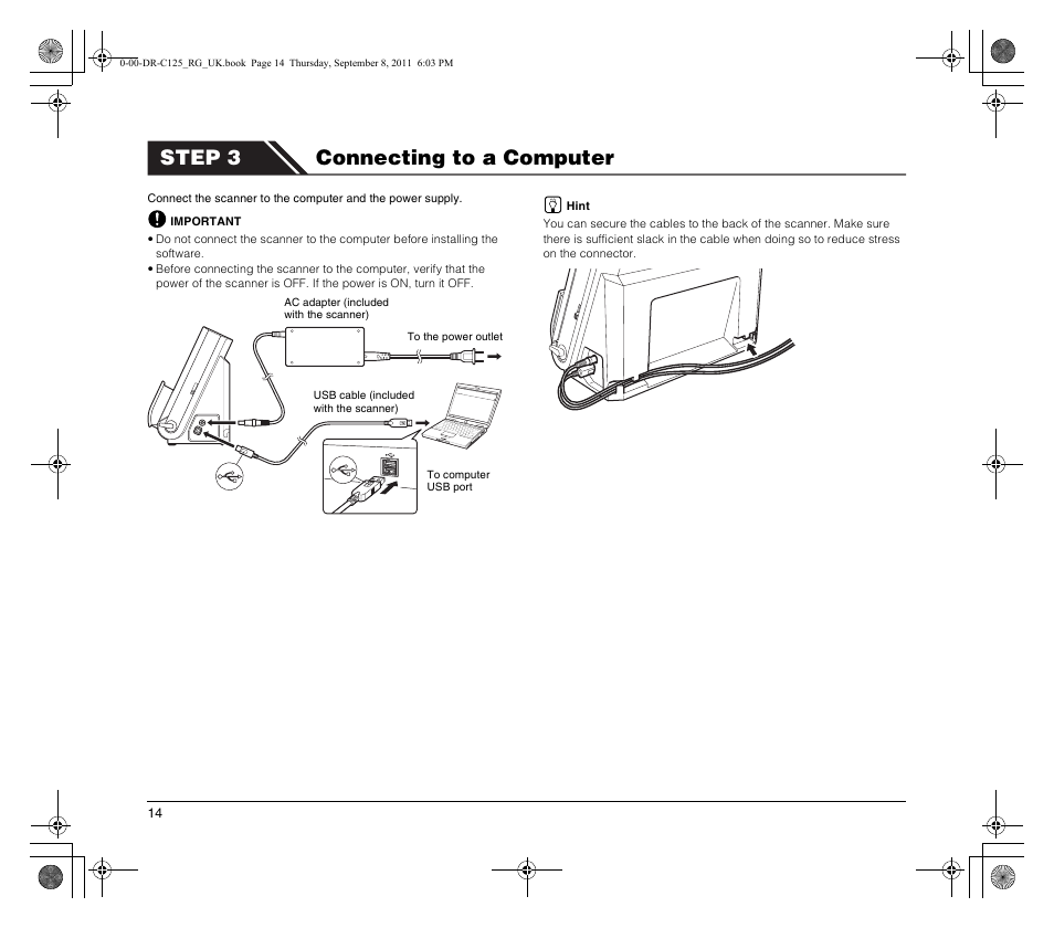 Step 3 connecting to a computer | Canon imageFORMULA DR-C125 Document Scanner User Manual | Page 14 / 68
