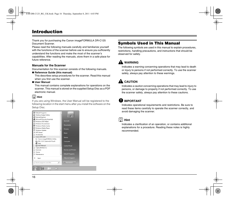 Introduction, Symbols used in this manual | Canon imageFORMULA DR-C125 Document Scanner User Manual | Page 16 / 68