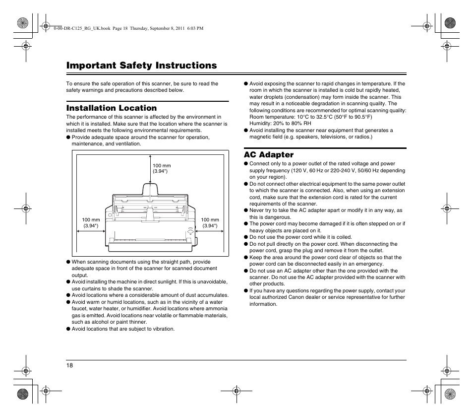 Important safety instructions, Installation location, Ac adapter | Canon imageFORMULA DR-C125 Document Scanner User Manual | Page 18 / 68