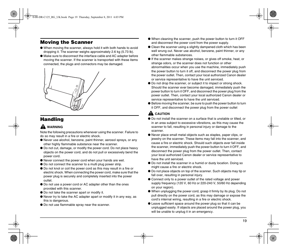 Moving the scanner, Handling | Canon imageFORMULA DR-C125 Document Scanner User Manual | Page 19 / 68