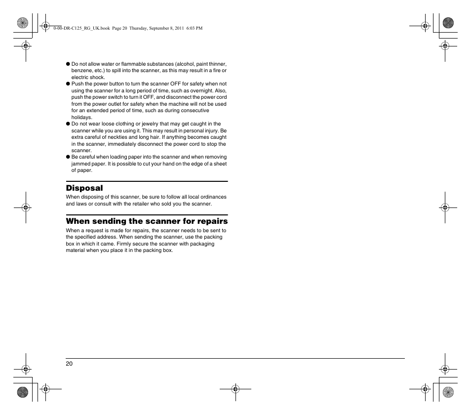 Disposal, When sending the scanner for repairs | Canon imageFORMULA DR-C125 Document Scanner User Manual | Page 20 / 68