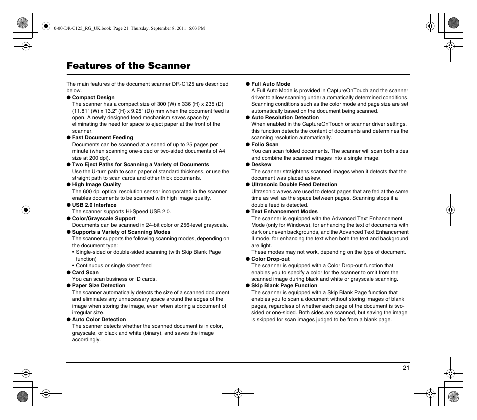 Features of the scanner | Canon imageFORMULA DR-C125 Document Scanner User Manual | Page 21 / 68