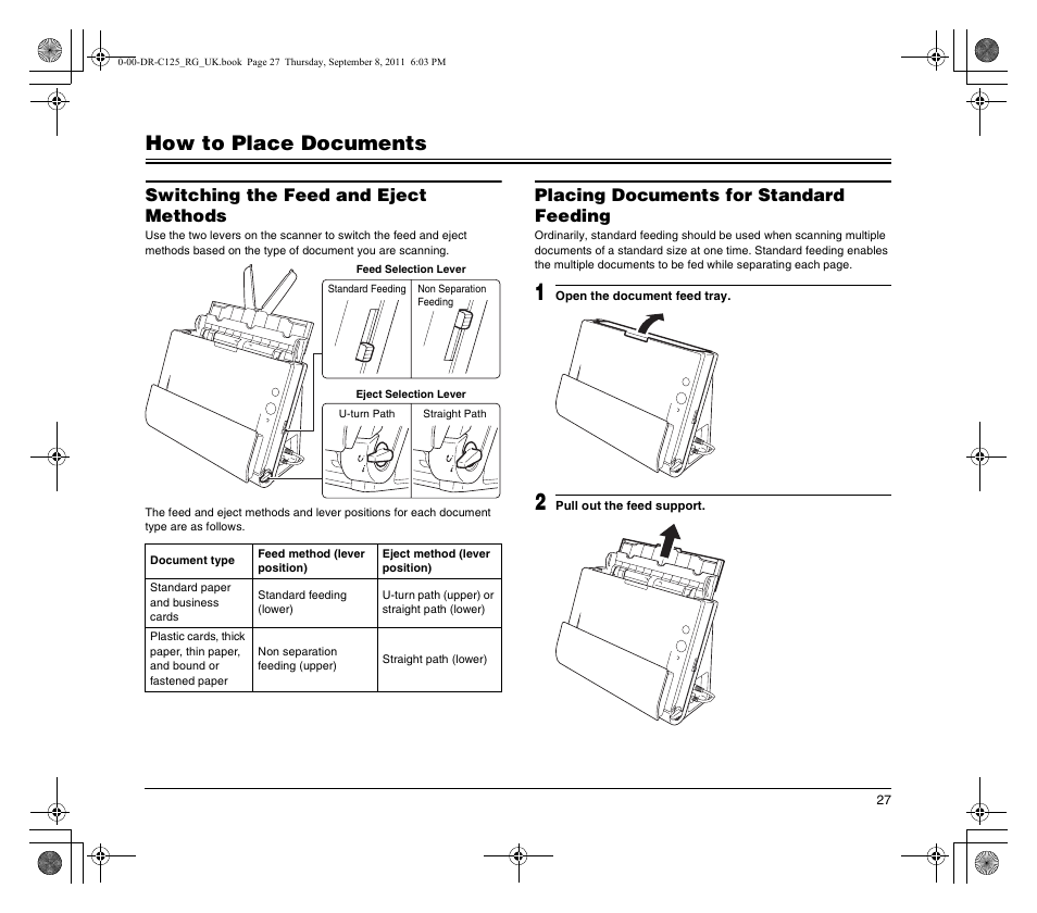 How to place documents, Switching the feed and eject methods, Placing documents for standard feeding | Canon imageFORMULA DR-C125 Document Scanner User Manual | Page 27 / 68