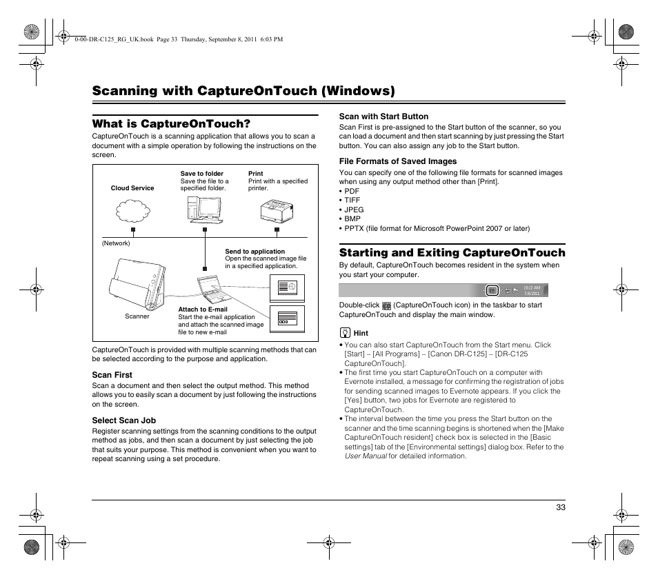 Scanning with captureontouch (windows), What is captureontouch, Starting and exiting captureontouch | Canon imageFORMULA DR-C125 Document Scanner User Manual | Page 33 / 68