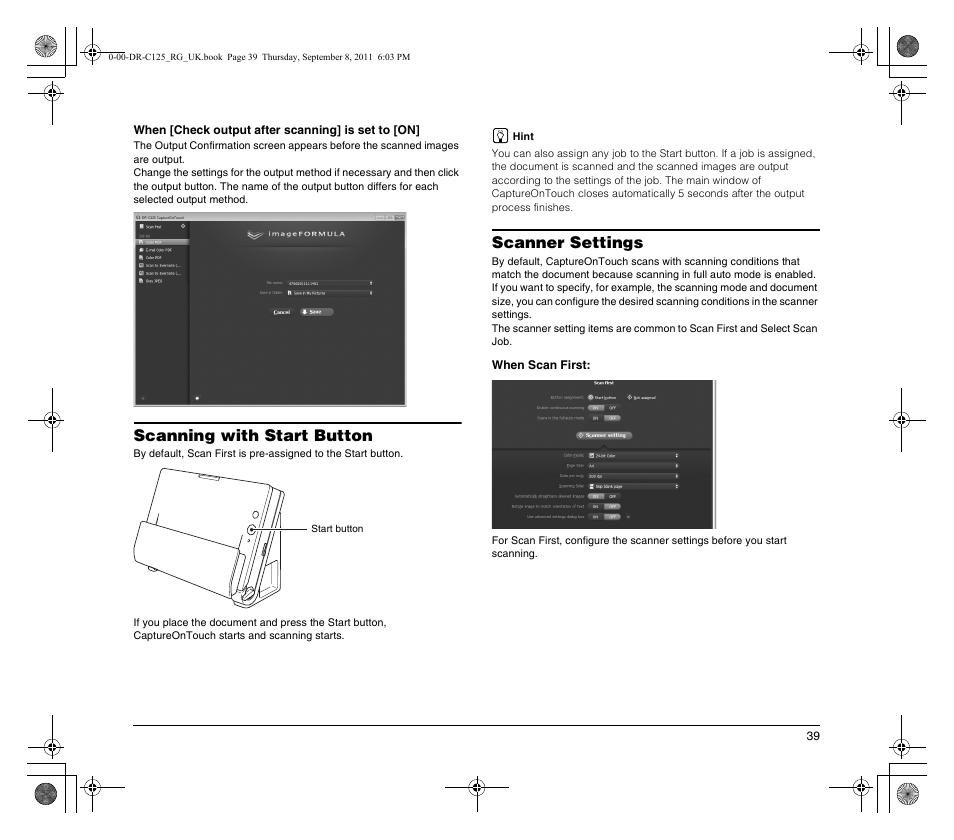 Scanning with start button, Scanner settings | Canon imageFORMULA DR-C125 Document Scanner User Manual | Page 39 / 68