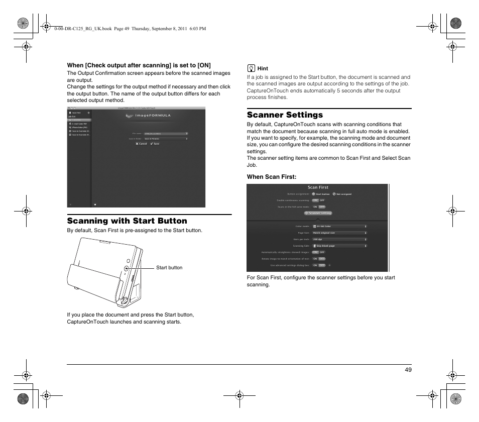 Scanning with start button, Scanner settings | Canon imageFORMULA DR-C125 Document Scanner User Manual | Page 49 / 68