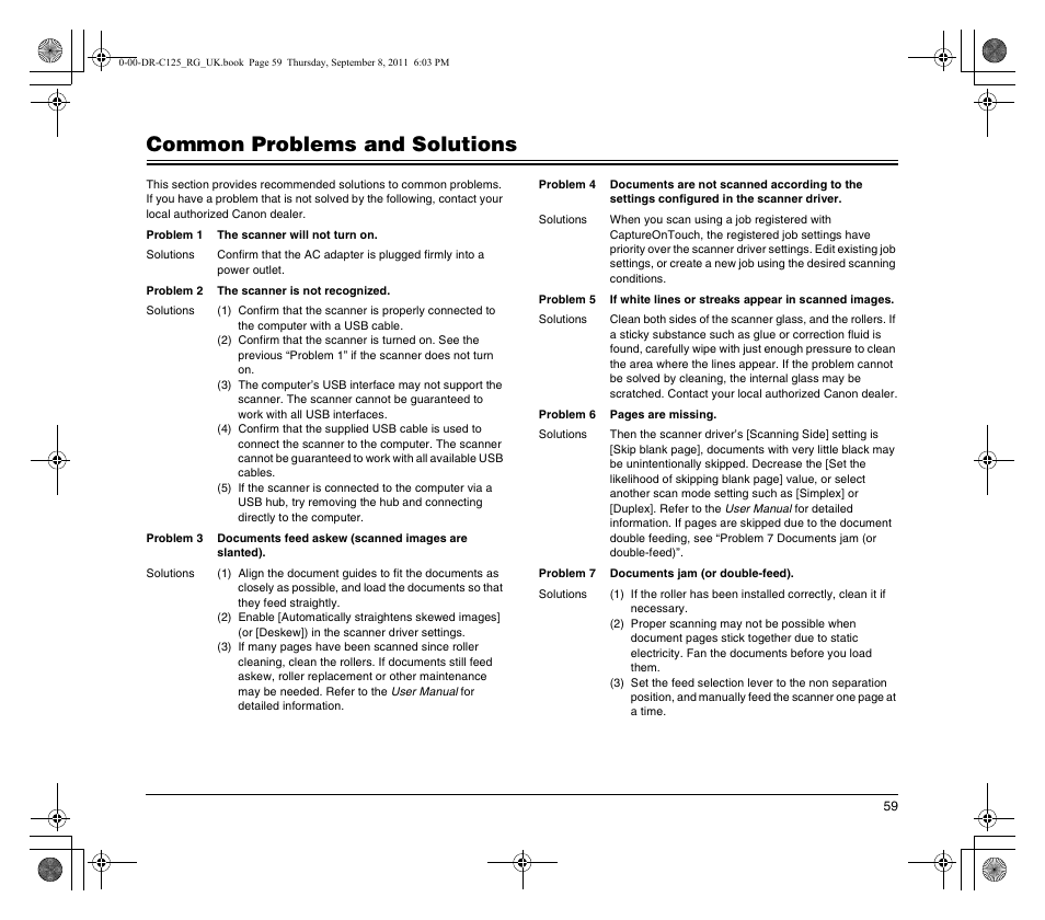 Common problems and solutions | Canon imageFORMULA DR-C125 Document Scanner User Manual | Page 59 / 68