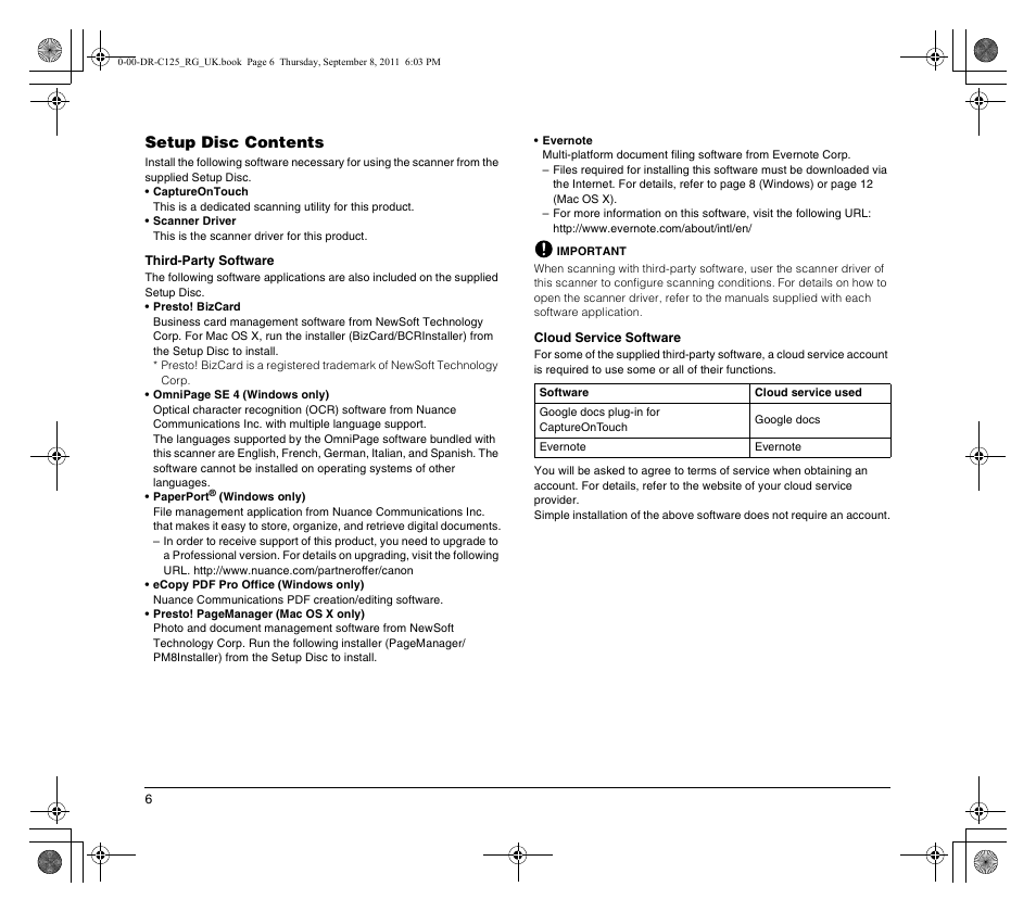 Setup disc contents | Canon imageFORMULA DR-C125 Document Scanner User Manual | Page 6 / 68