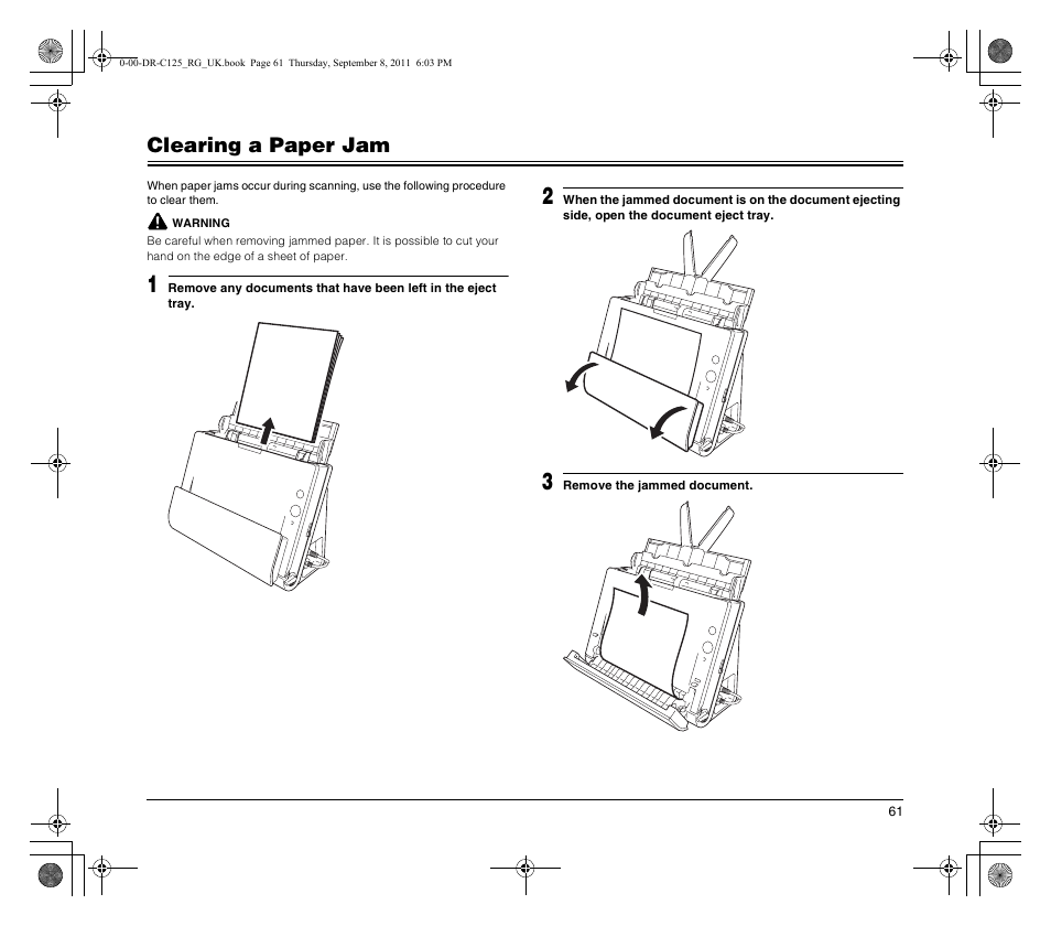 Clearing a paper jam | Canon imageFORMULA DR-C125 Document Scanner User Manual | Page 61 / 68