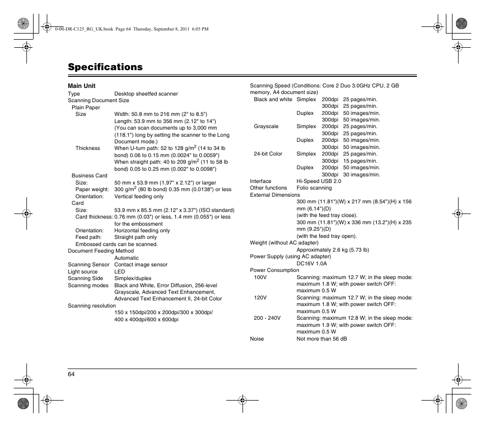 Specifications | Canon imageFORMULA DR-C125 Document Scanner User Manual | Page 64 / 68