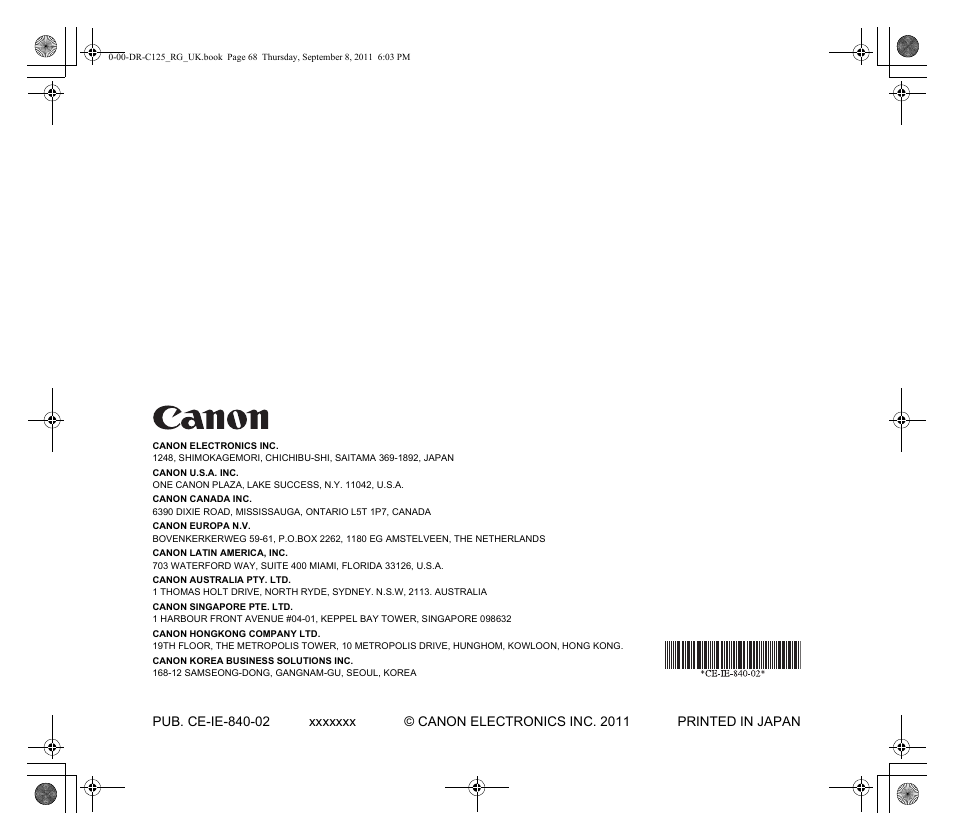 Canon imageFORMULA DR-C125 Document Scanner User Manual | Page 68 / 68